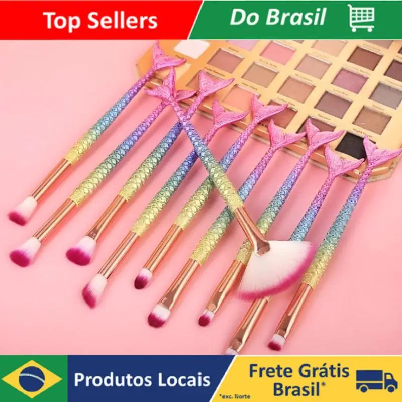 Kit 10pçs de pincéis de maquiagem sereia conjunto profissional