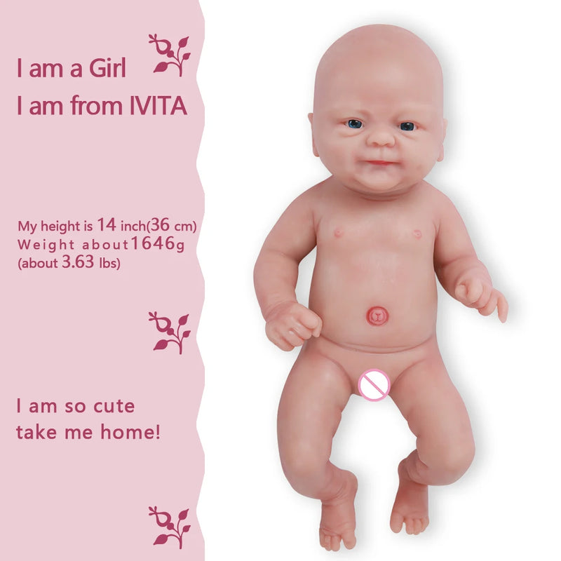 Boneca IVITA WG1512 14inch 1.65kg Full Body Silicone Bebe Reborn Doll "coco" Soft Dolls Realistic Girl Baby DIY Blank Toys for Children