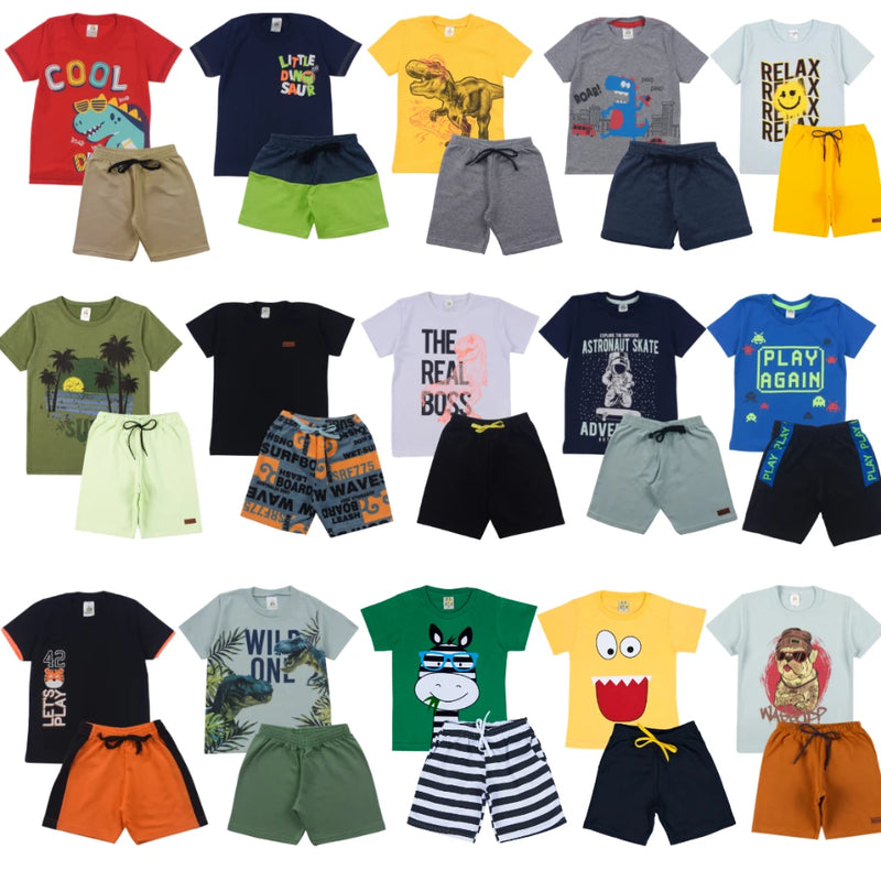 Kit Sortido 20 Peças de Roupas Infantil Menino- 10 Camisetas + 10 Bermudas