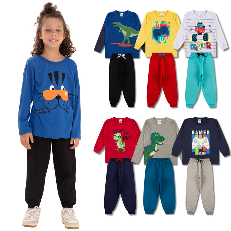 Kit Sortido 6 Peças de Roupas Masculino Infantil Inverno Meia Estação – 3 camisas manga longa + 3 calças de Moletom do 1 ao 10