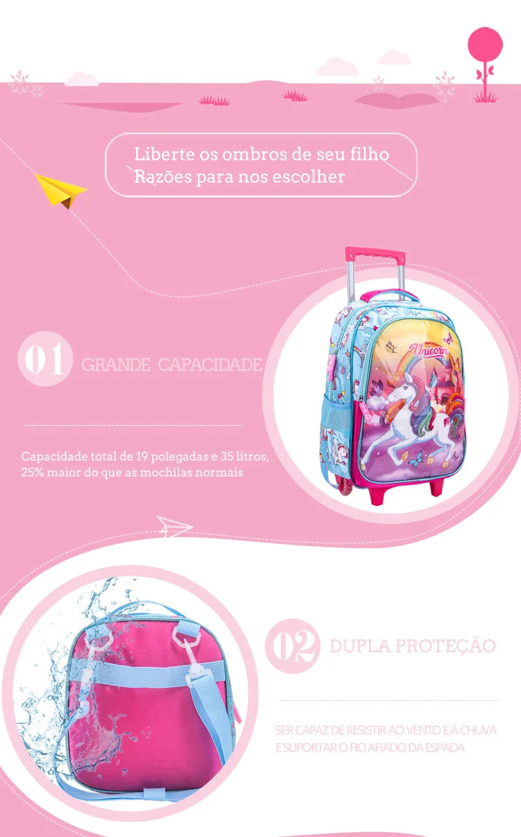 Mochila Escolar Infantil de Rodinhas Menina Menino Bolsa Resistente Impermeável Com Lancheira e Estojo