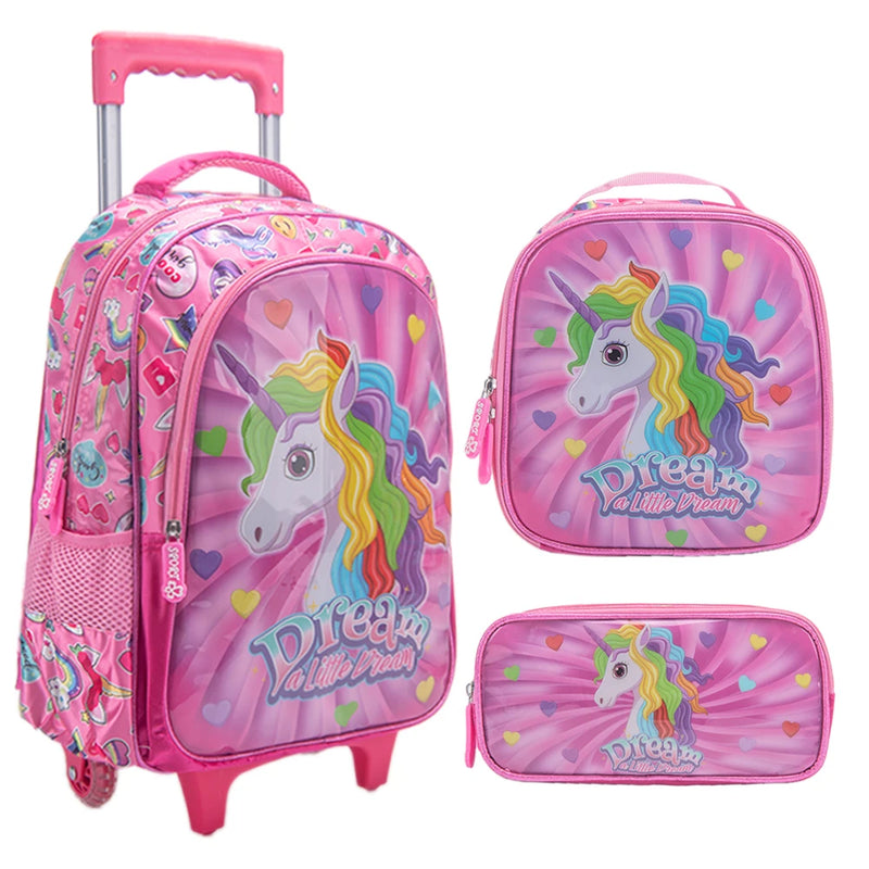 Mochila Escolar Infantil de Rodinhas Menina Menino Bolsa Resistente Impermeável Com Lancheira e Estojo