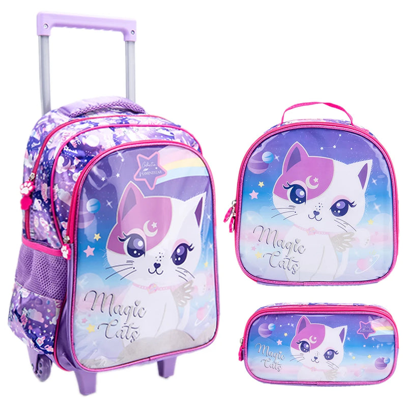 Mochila Escolar Infantil de Rodinhas Menina Menino Bolsa Resistente Impermeável Com Lancheira e Estojo