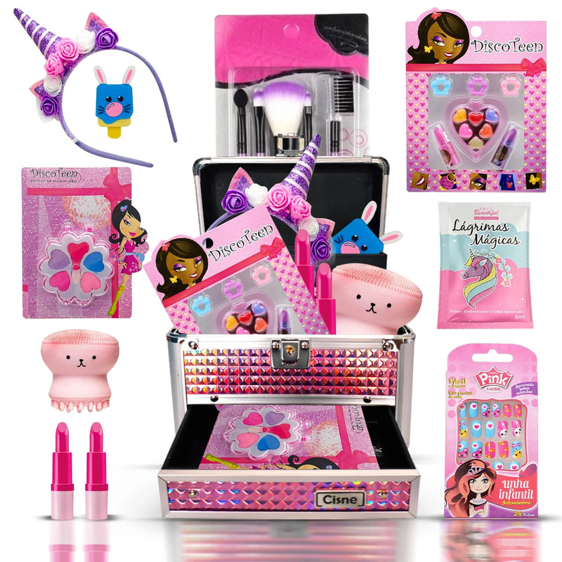 Conjunto Infantil Criança Maquiagem Com Maletinha Make Linda Unhas Postiças Conjunto Pinceis