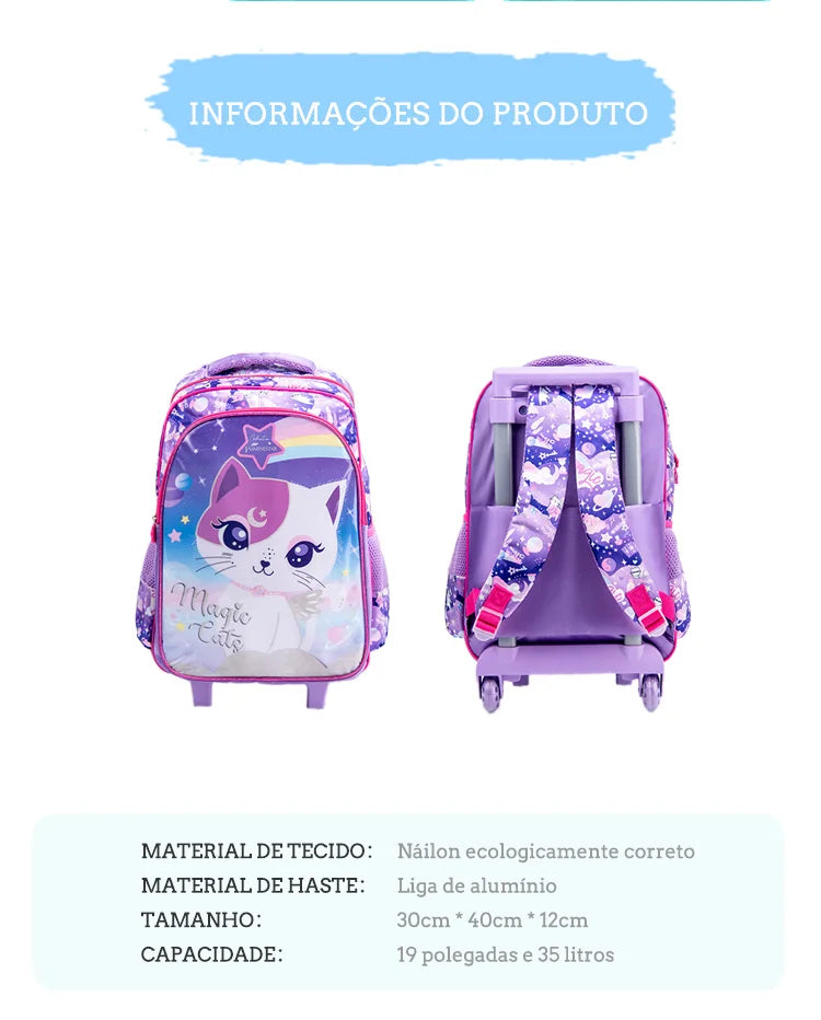 Mochila Escolar Infantil de Rodinhas Menina Menino Bolsa Resistente Impermeável Com Lancheira e Estojo