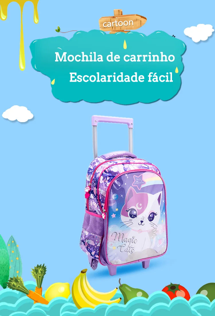 Mochila Escolar Infantil de Rodinhas Menina Menino Bolsa Resistente Impermeável Com Lancheira e Estojo