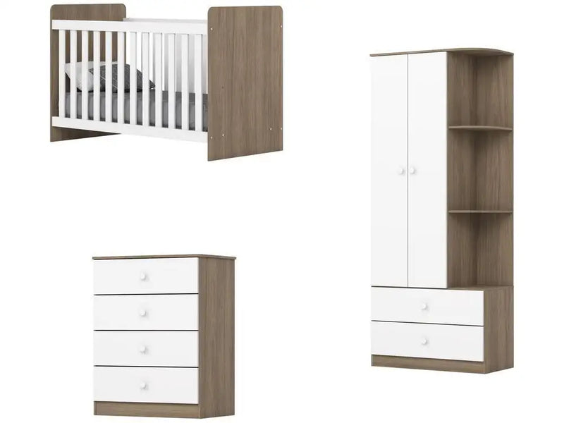 Quarto de Bebê Completo com Guarda-roupa Berço e Cômoda Henn Labirinto Rústico e Branco